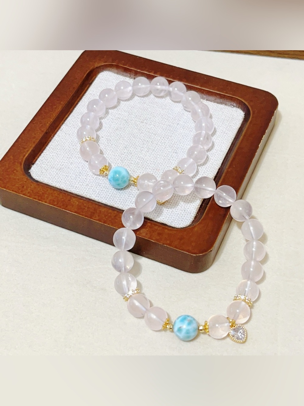 Handmade Natural Larimar & Star Rose Quartz Bracelet | 9.5mm - Picture 5 of 11